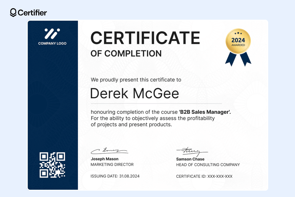 Simple webinar certificate of completion with a blue section and a QR code on the left, and a golden badge at the top right corner.