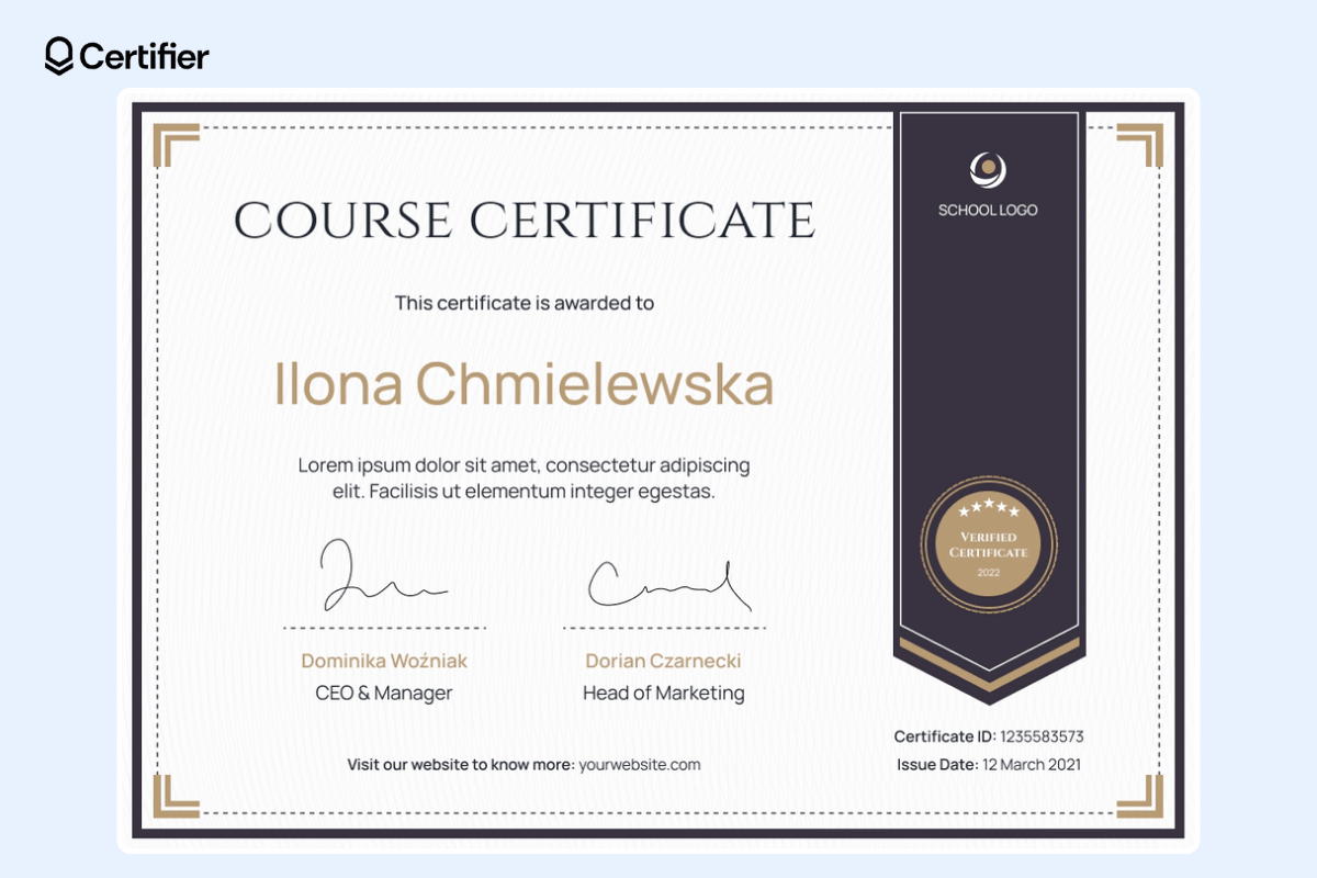 Classic and traditional free certificate template to download in brown and light yellow colors, with ribbon and badge as a decorative element. 
