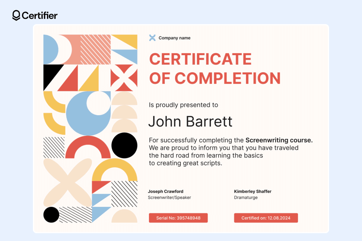Webinar certificate of completion template with geometric and colorful elements on the left and dedicated space for certificate details on the right.