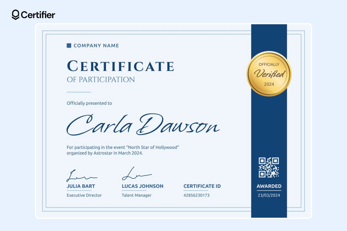 Blue simple webinar certificate of participation with basic blue ribbon, golden badge and QR code on the right and certificate elements like signatures and recipient’s name on the left.