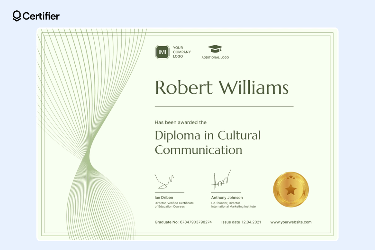 Light green certificate template with dynamic lines on the left and golden badge on the right, suitable for every webinar event.