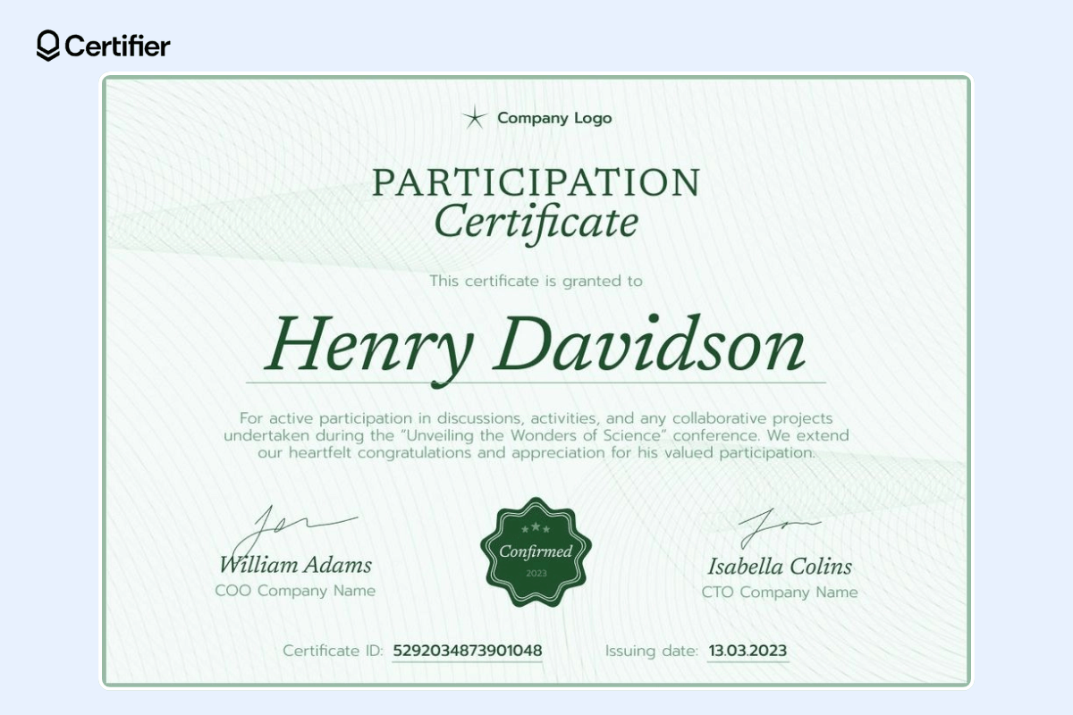 Green webinar participation certificate template with green badge and slightly patterned background.