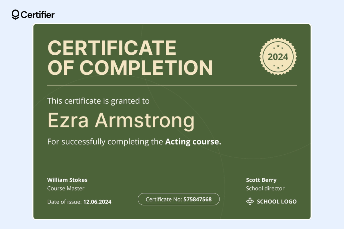 Green certificate of completion for webinars with clear layout and organized certificate elements.