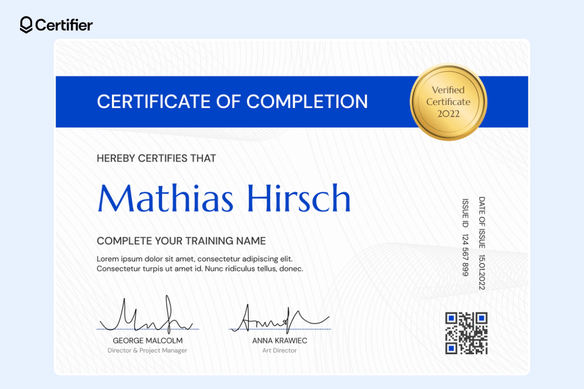 White and blue webinar certificate of completion template with golden badge, QR code, date of issue, and issue ID. 