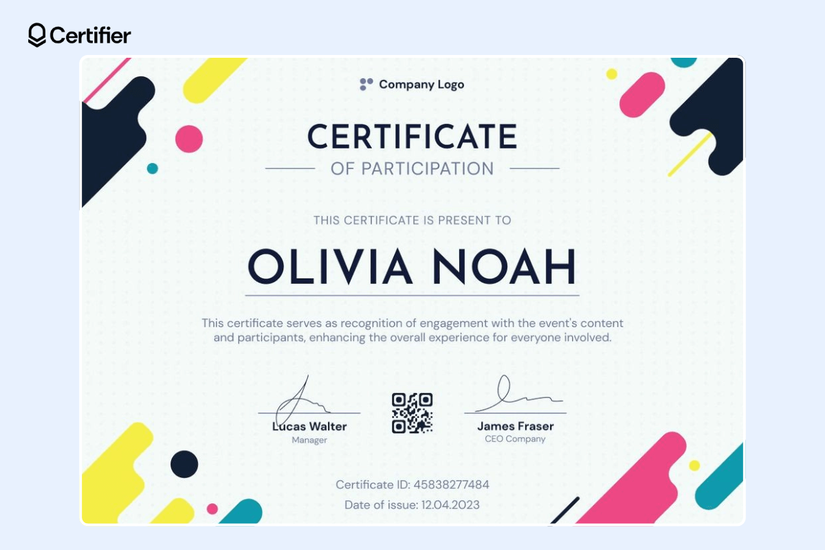 Colorful certificate of participation for webinars with a QR code and slightly checked certificate background. 