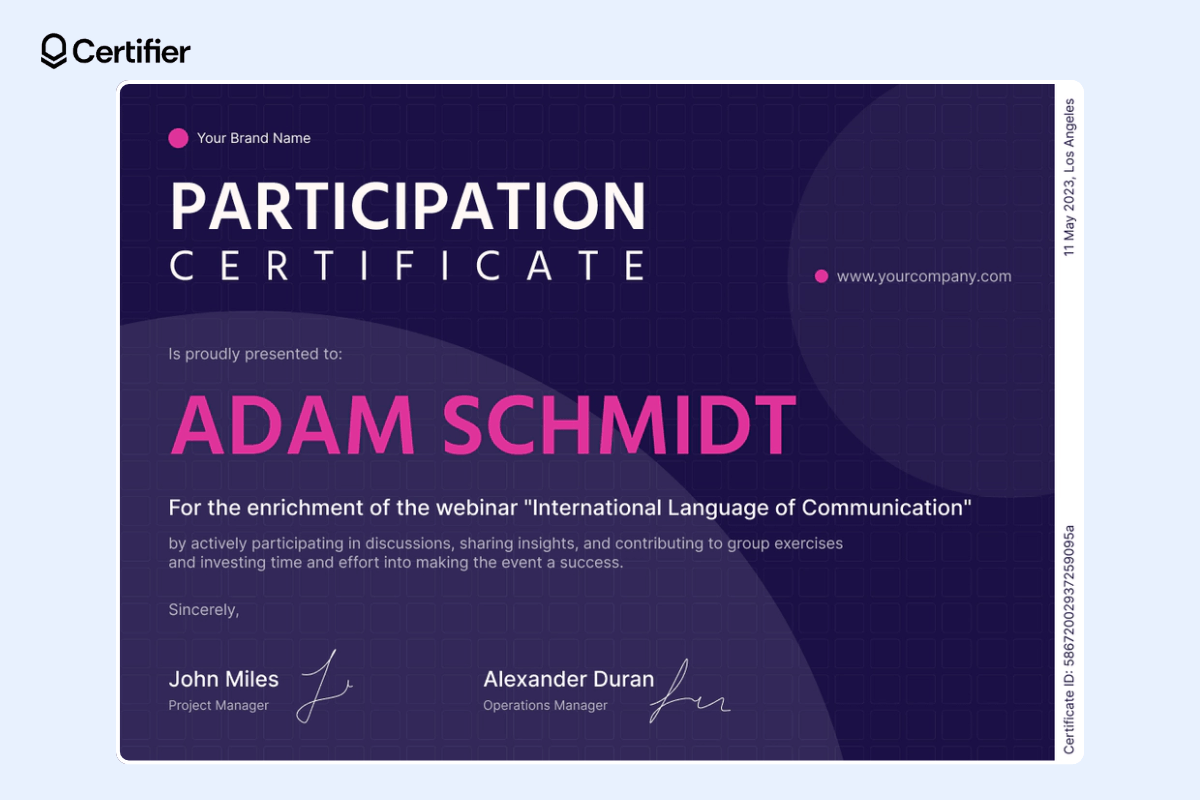 Dark violet webinar participation certificate with pink recipient’s name and dedicated place for certificate ID and date of issue.