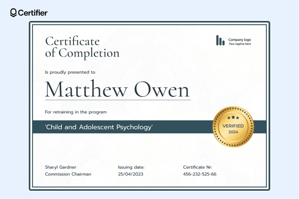 Minimalistic and organized webinar certificate template with a ribbon and golden badge.
