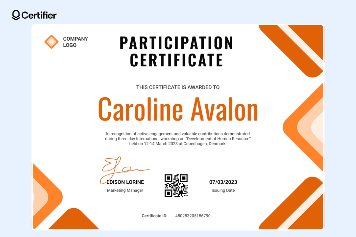 Simple webinar participation certificate with bold orange elements and a QR code.