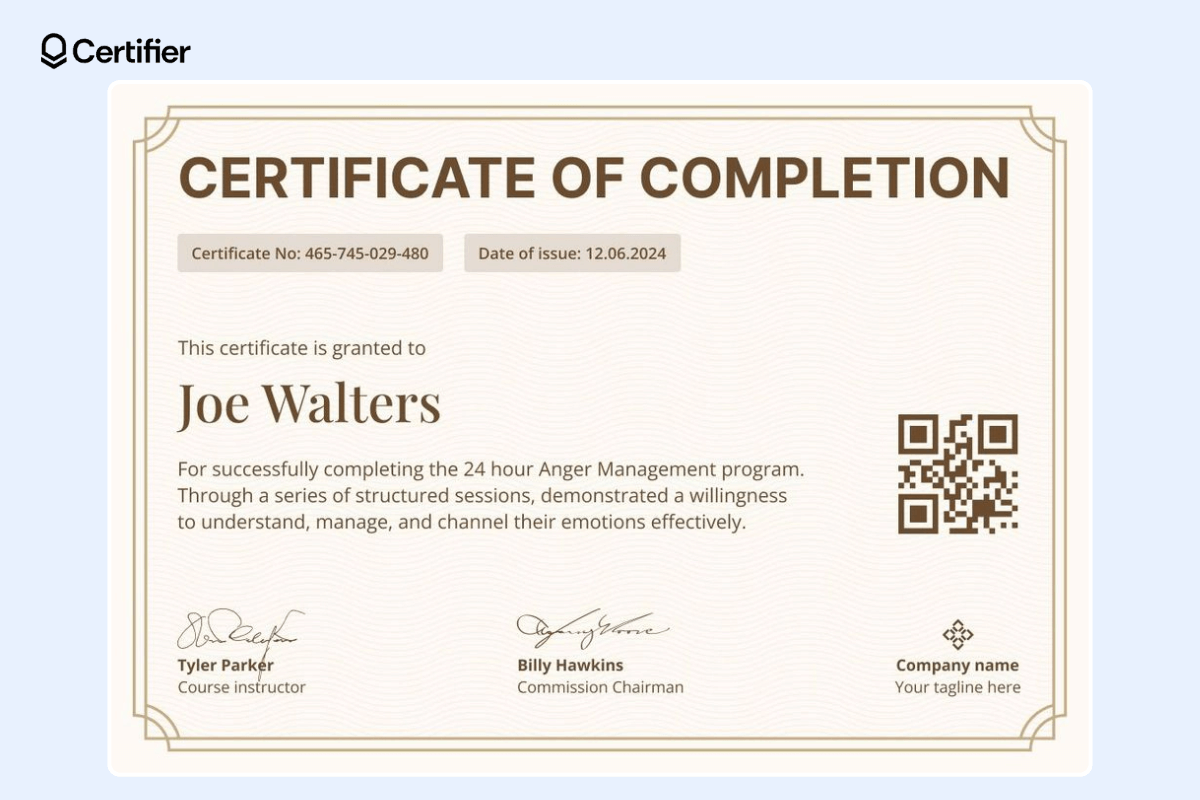 Traditional webinar certificate template with decorative and classic certificate elements and a QR code.