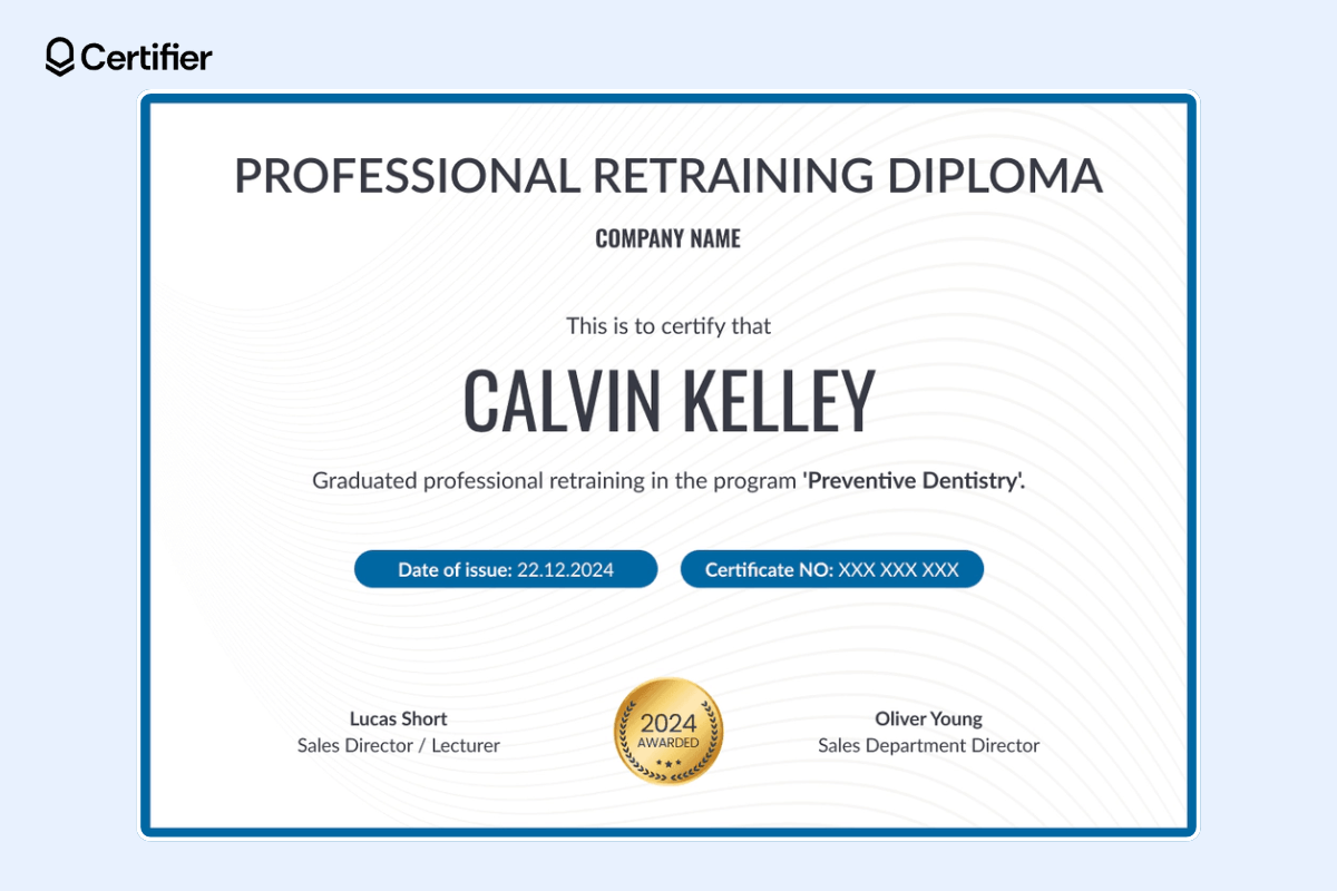 Professional webinar certificate template with a background with subtle lines and highlighted blue tags for the date of issue and certificate number.