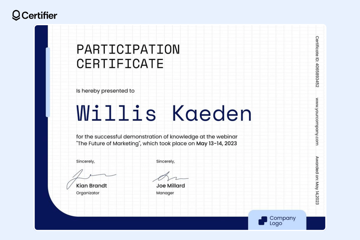 Webinar participation certificate template with checked background and technology vibe.
