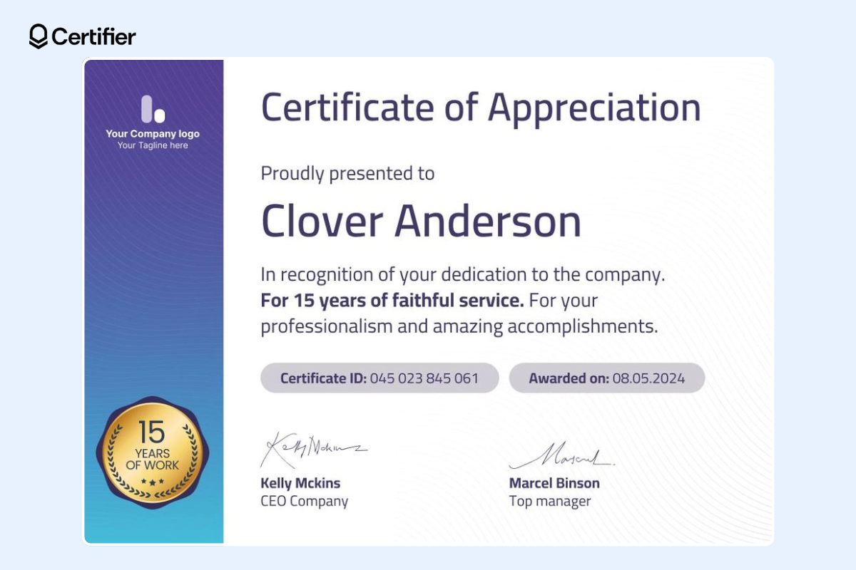 Simple certificate of appreciation with the gradient colorful section on the left and subtle patterns in the background. 