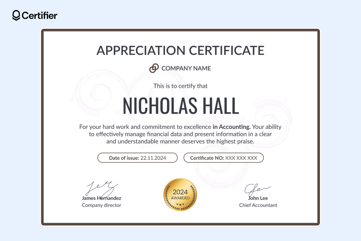 Appreciation certificate in bright colors, easy to customize and add your own elements like signatures, recipients’ name, and award details.