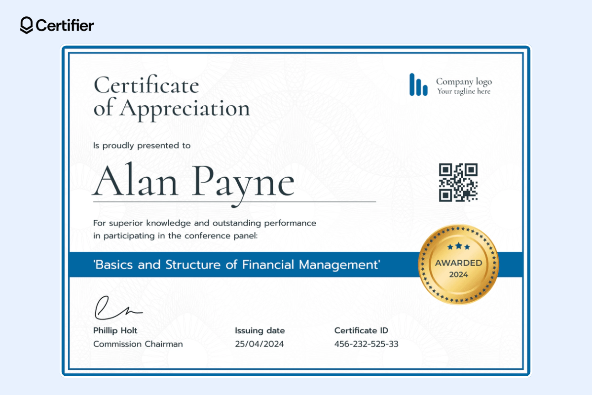 Free editable certificate of appreciation template word with QR code and the golden badge for the extra layer of the verification.
