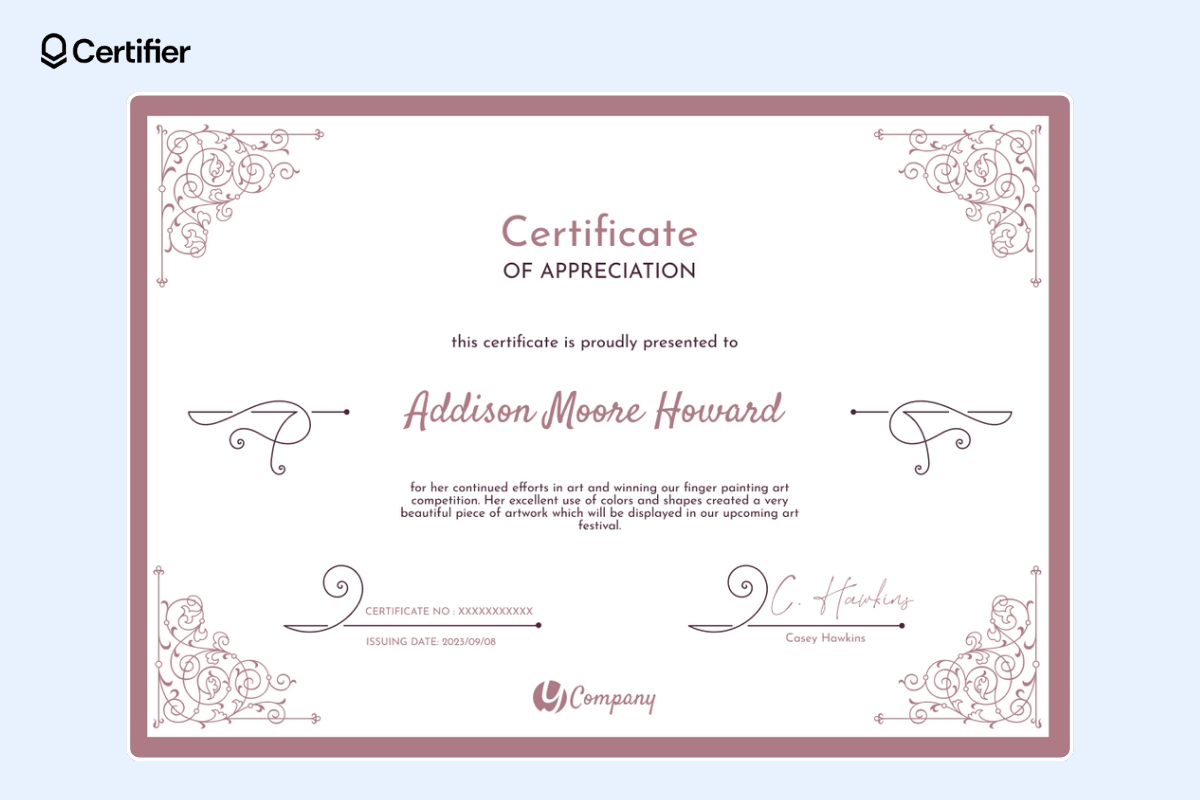 Certificate of appreciation template with decorative elements and ornaments on the corners.