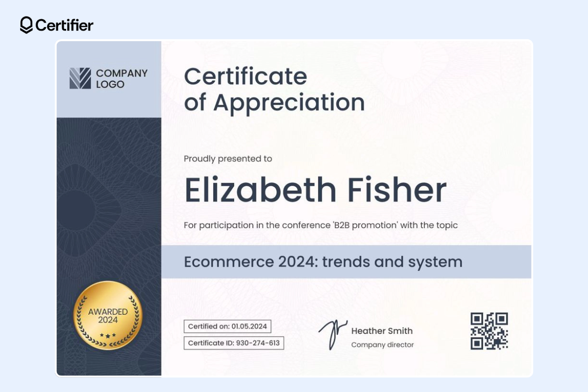 Certificate of appreciation template with a QR code and well-designed layout with organized sections for the particular award details.