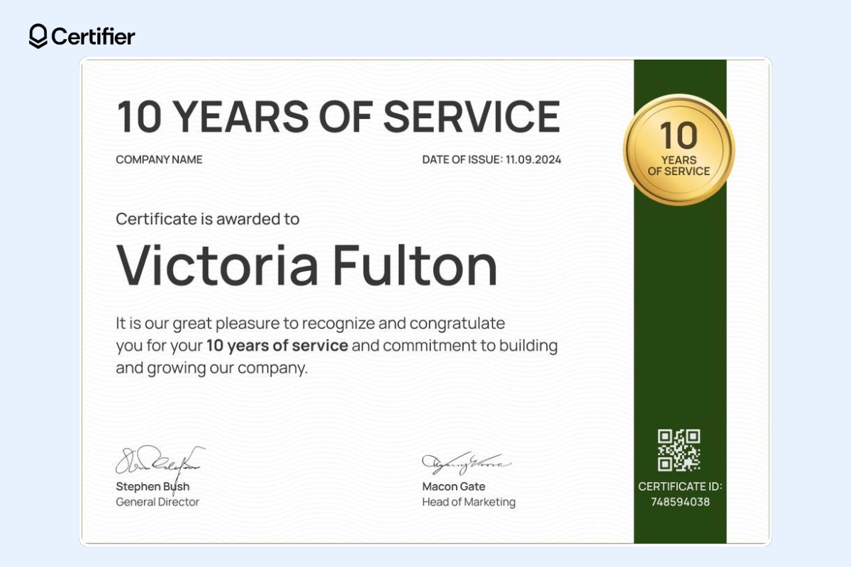 Appreciation certificate template for the 10 years of service with the golden badge, a QR code, and the green ribbon on the right.