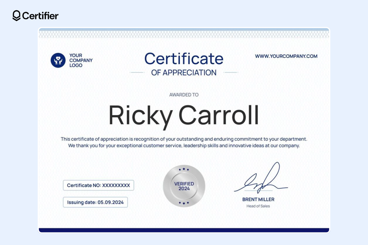 Certificate of appreciation template in blue with silver badge, places for the certificate number, the company’s logo and the issuing date.