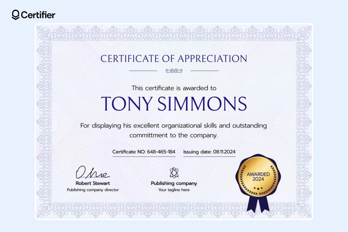 Elegant and decorative certificate of appreciation template with golden badge at the bottom.