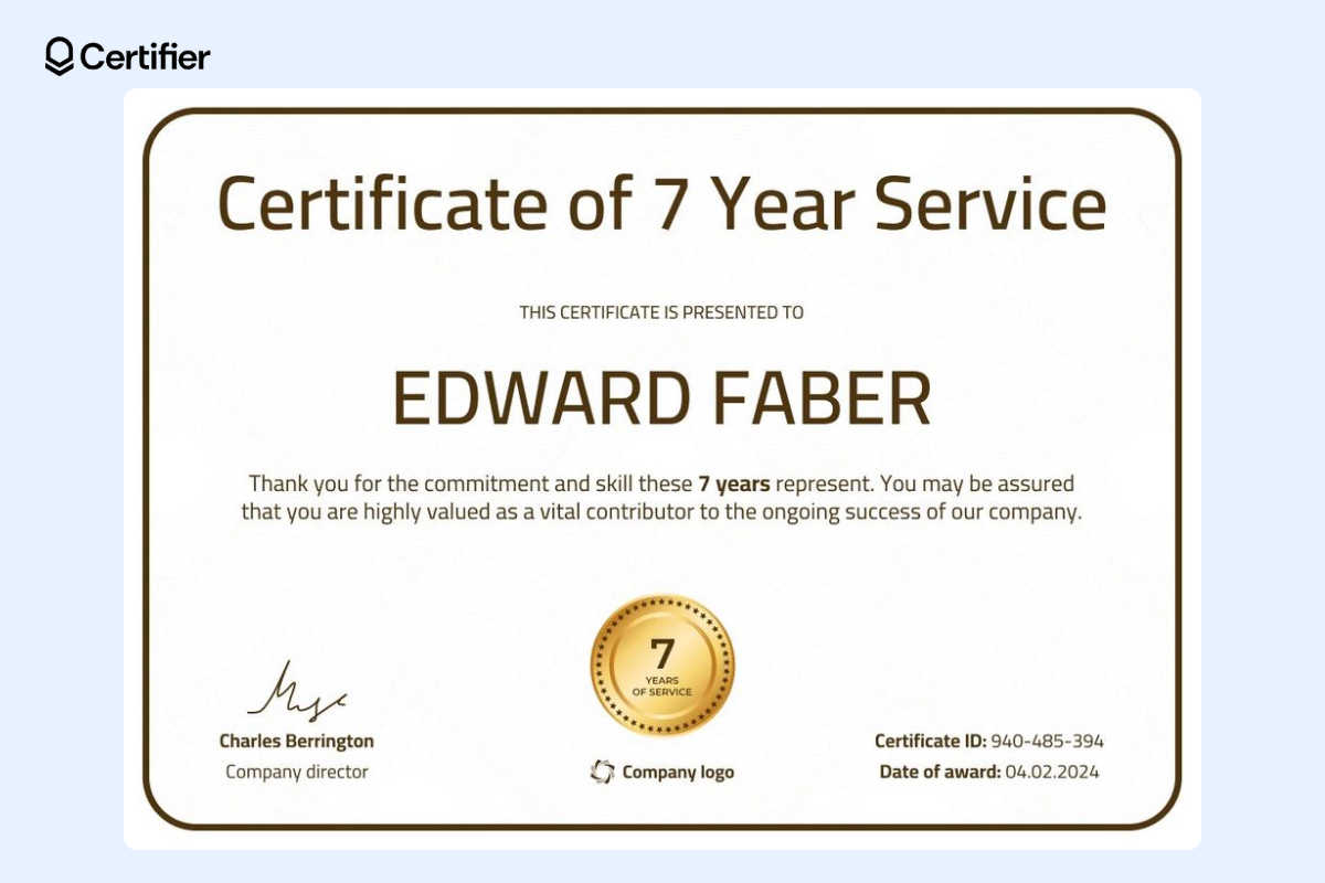 Simple certificate of appreciation in plain color that can be customized for any purpose, with certificate ID and date of award.