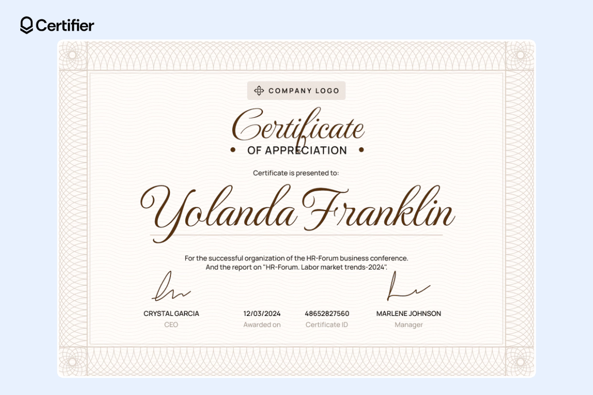 Beige traditional appreciation template for certificates with decorative borders.