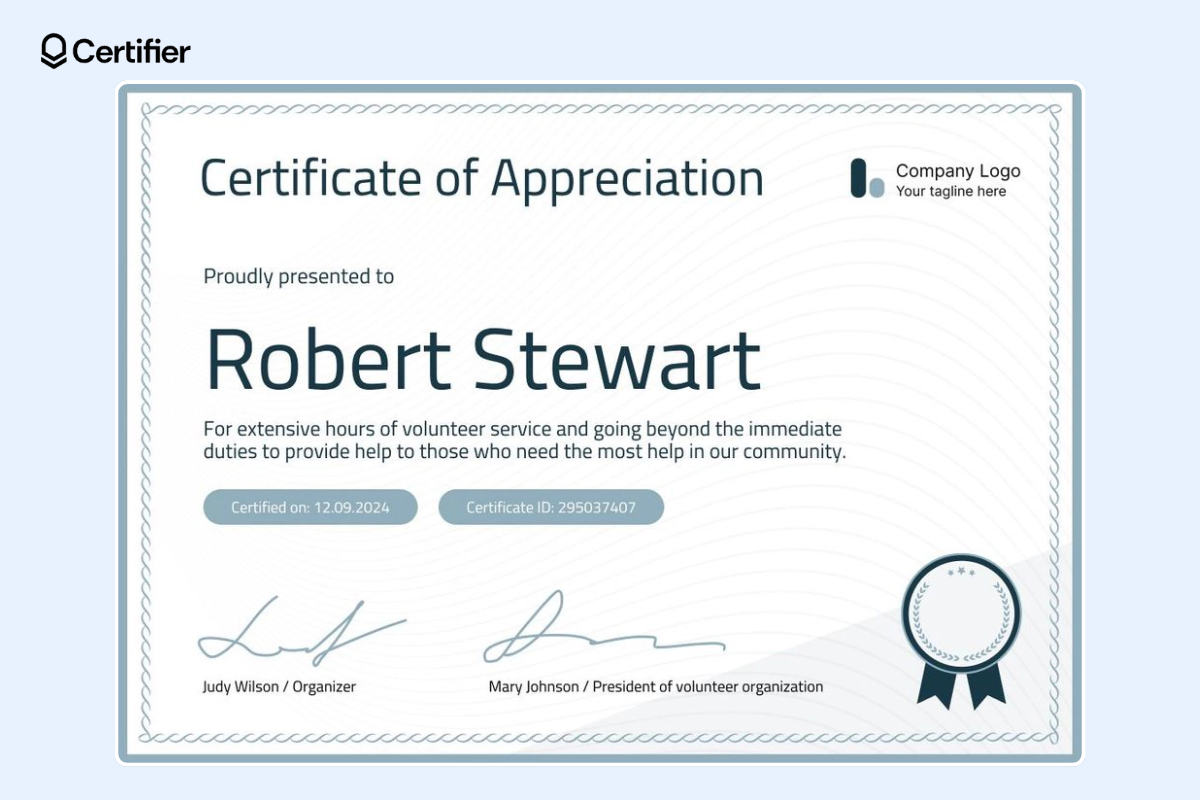 Certificate of appreciation template with the special tags for issuing date and certificate ID, decorated with subtle lines on the background and the badge at the right corner.