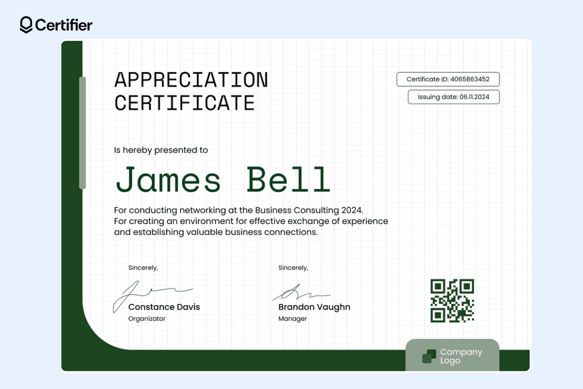 Free editable certificate of appreciation template word free download with QR code and the company’s logo.