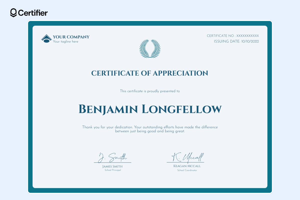 Blue certificate of appreciation template with the company’s logo, certificate number, and issuing date. 
