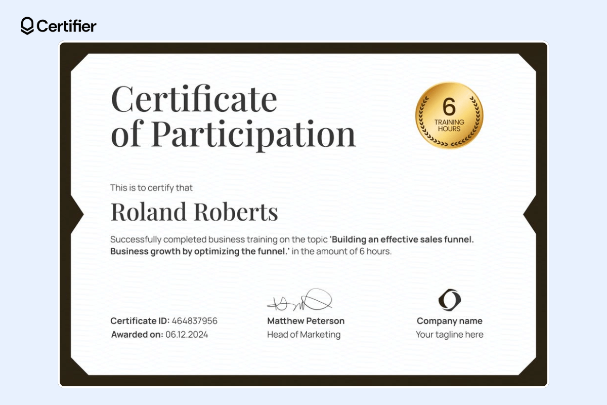 Certificate of participation template with golden badge at the top right corner and dedicated space for certificate ID and issuing date.