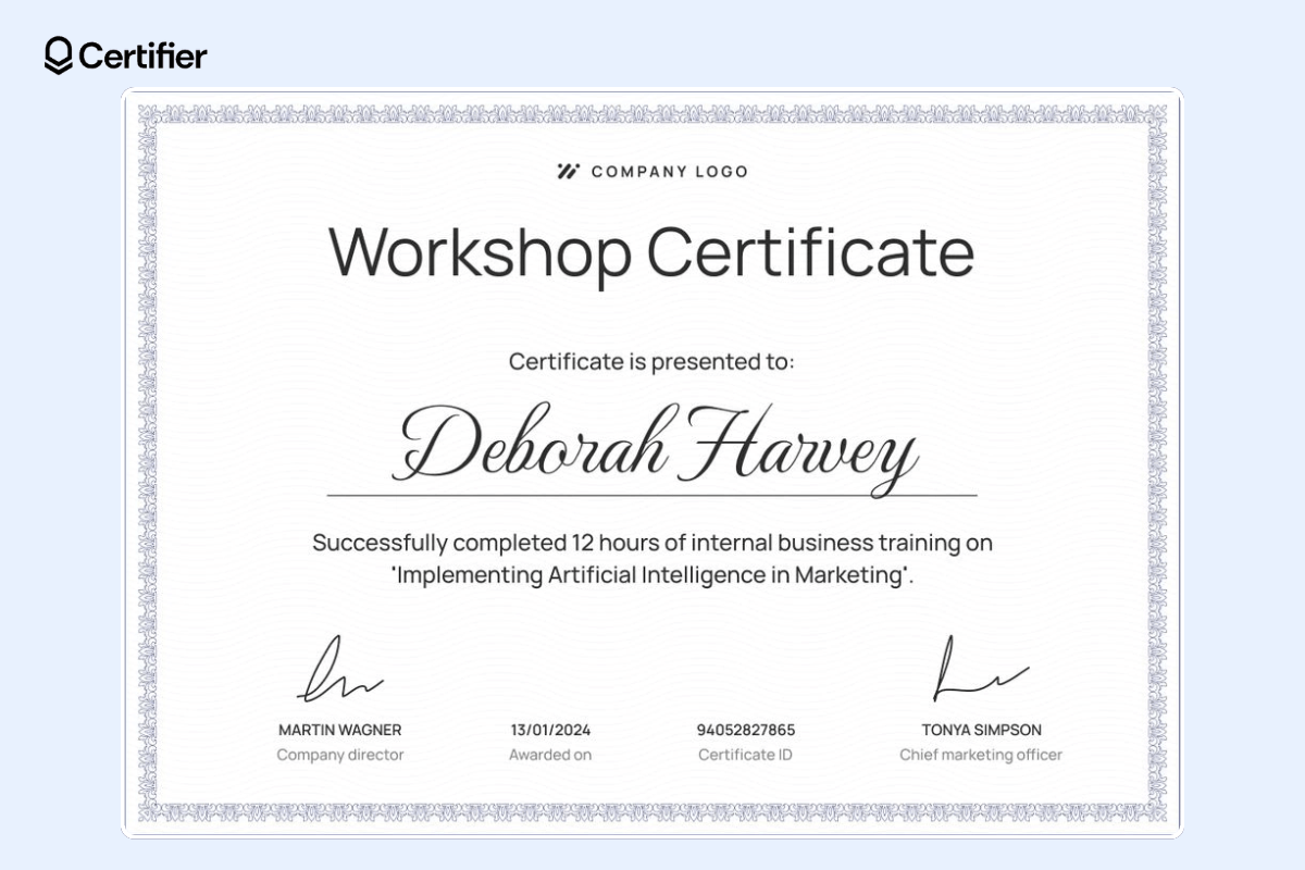 Workshop certificate template with decorative borders and the recipient's name in the center stage.