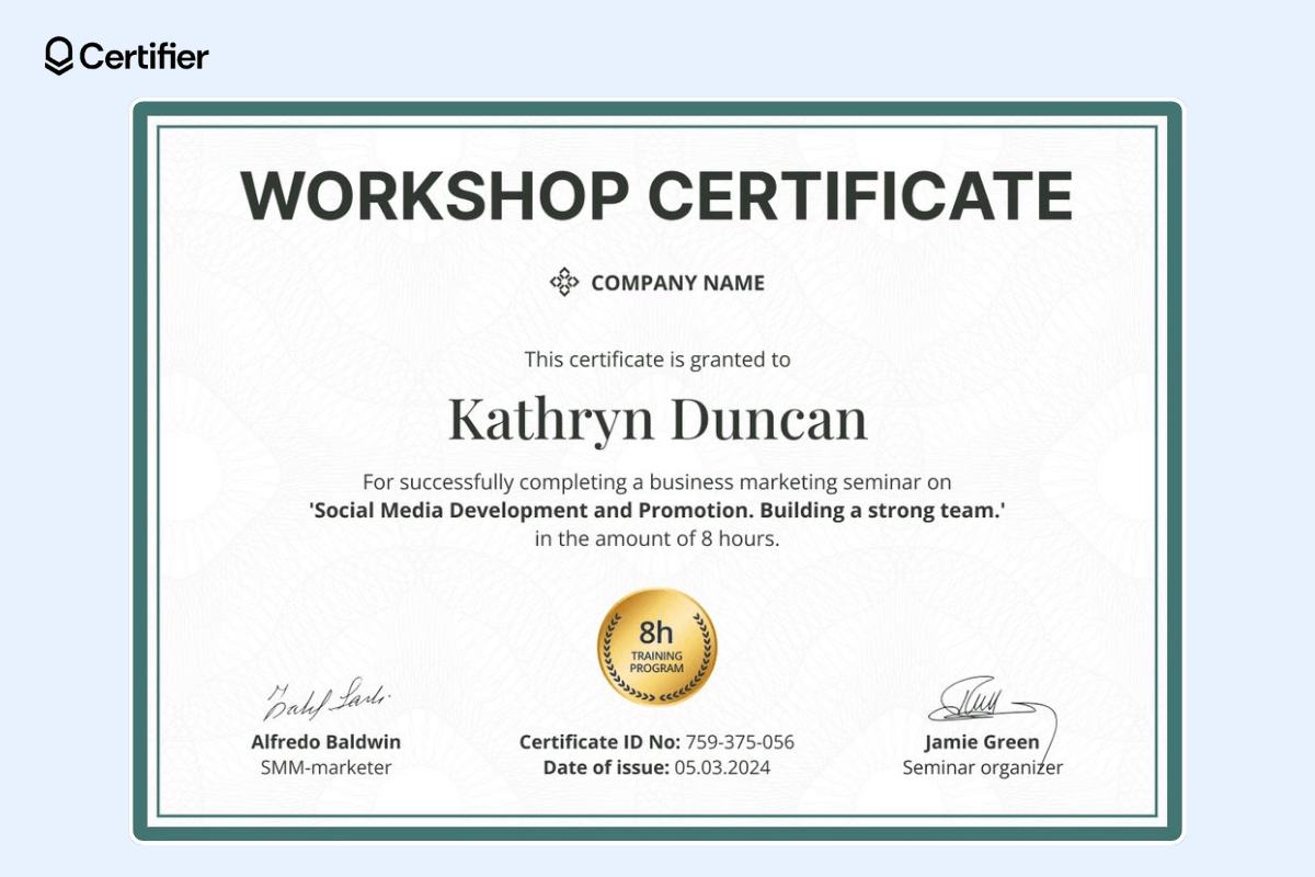 Green workshop certificate template to download with golden badge and signatures.