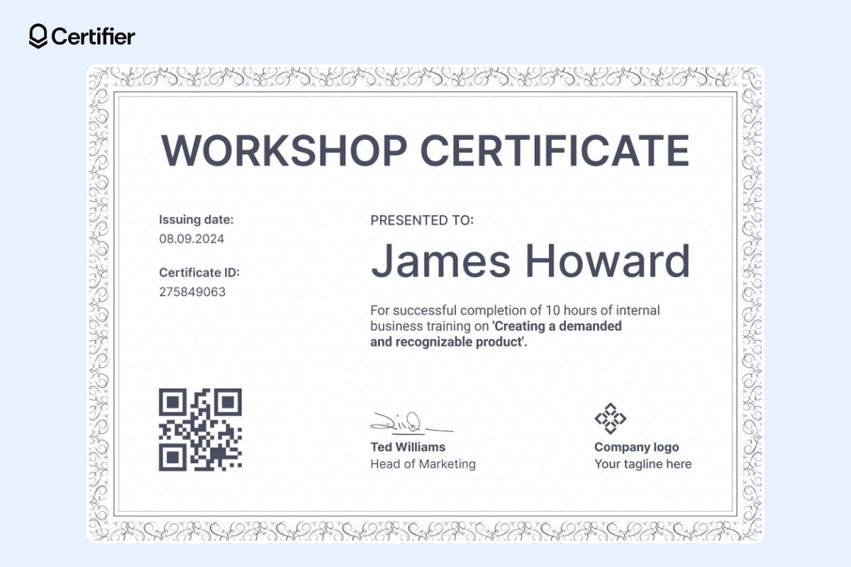 Workshop certificate template with a QR code on the left right corner and well-designed layout.