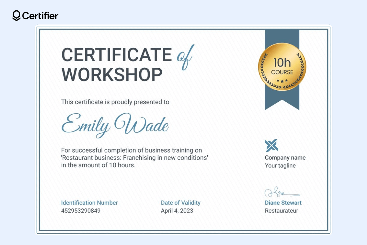 Free crtificate of workshop available in Word, Figma and Certifier format, easy to customize.