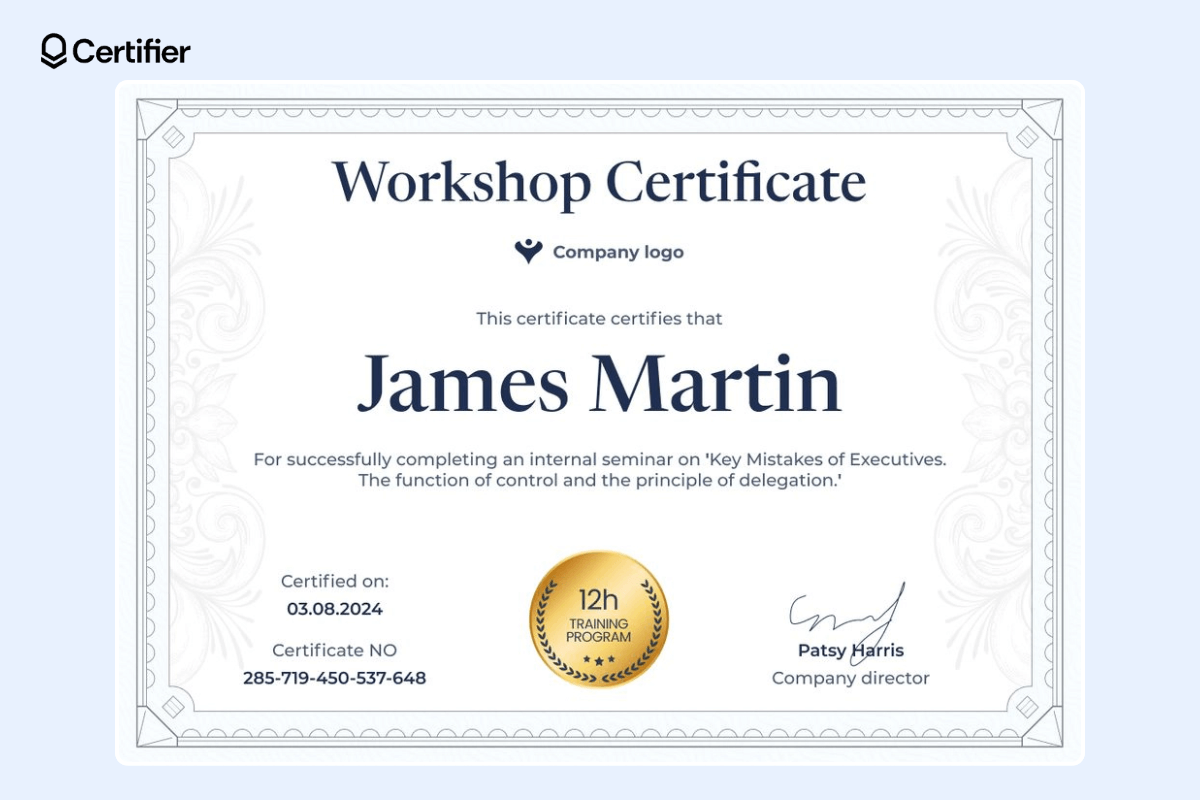 Workshop certificate with golden badge at the center and decorative background.