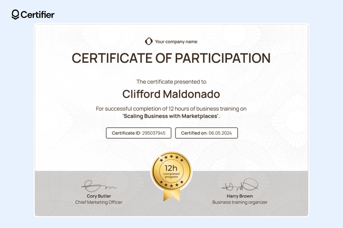 Certificate of participation in the workshop with golden badge and grey section for signatures.