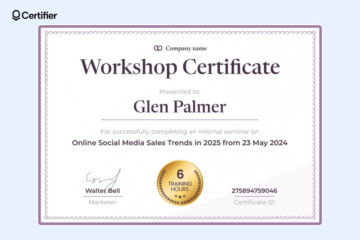 Workshop certificate template with subtle border and background.