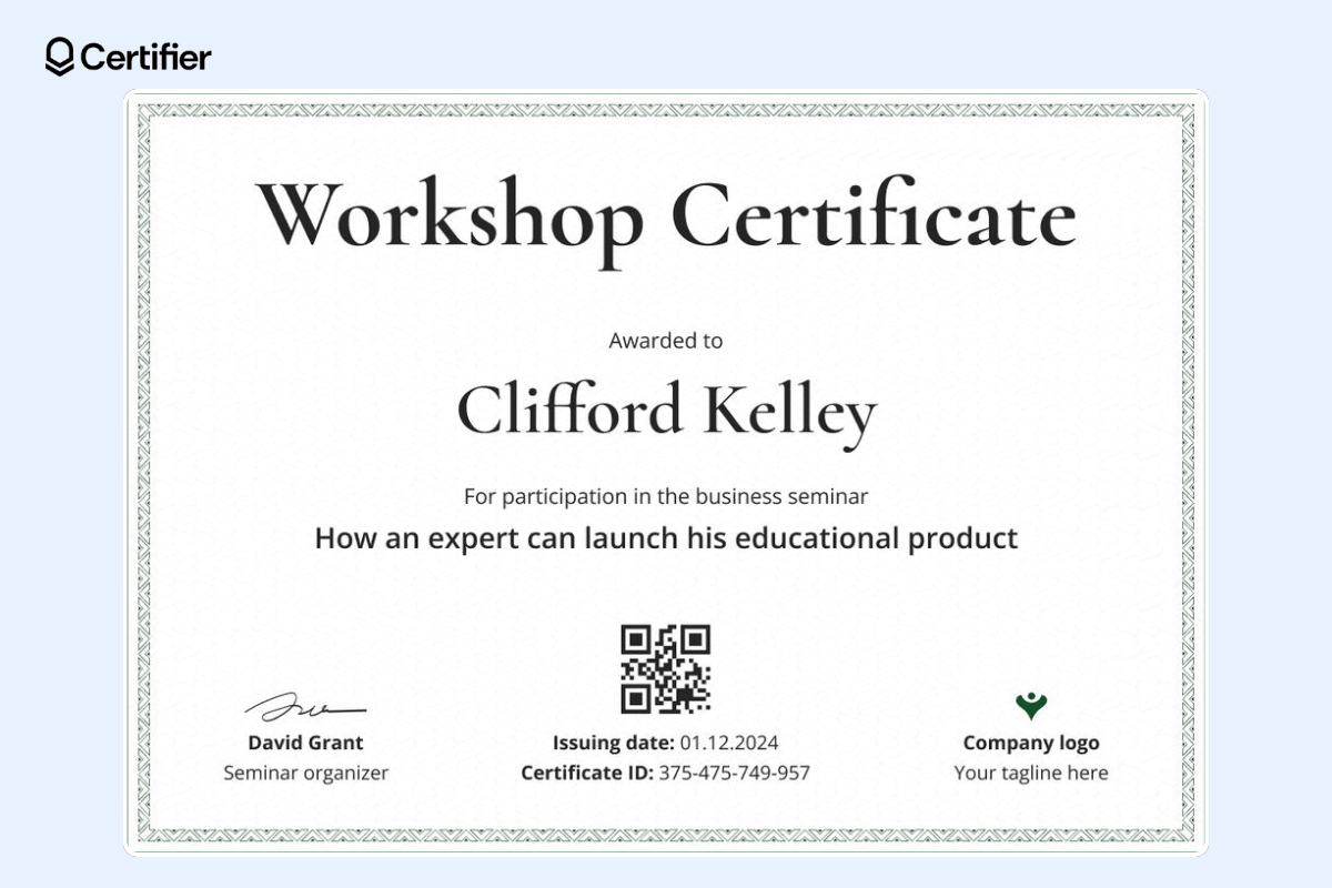 Workshop certificate with a QR code at the center and simple layout.