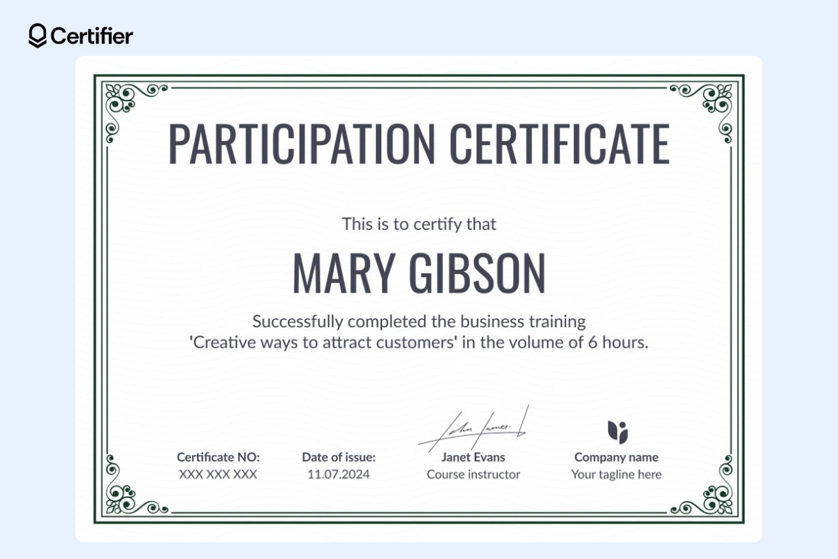 Workshop participation certificate with decorative borders and small section for certificate details like company's logo and signatures.