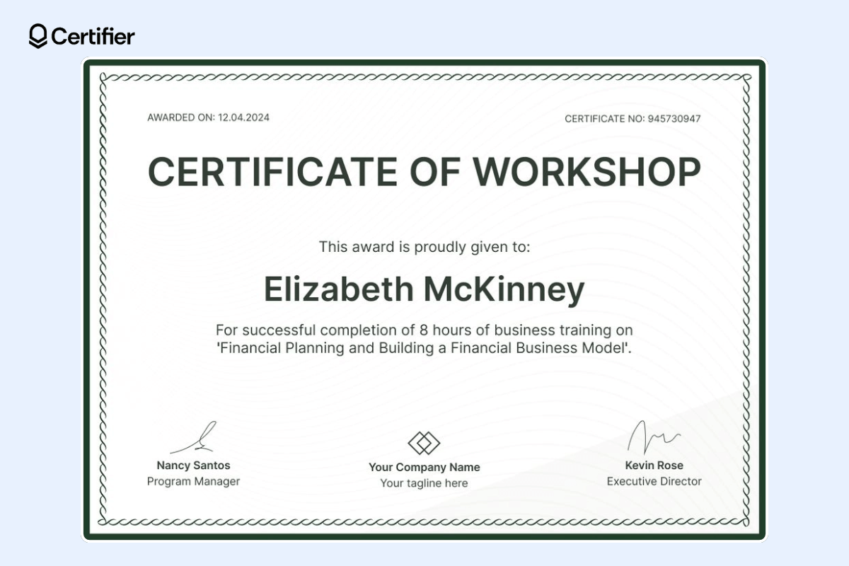 Certificate of workshop template with dedicated space for signatures and the recipient's name.