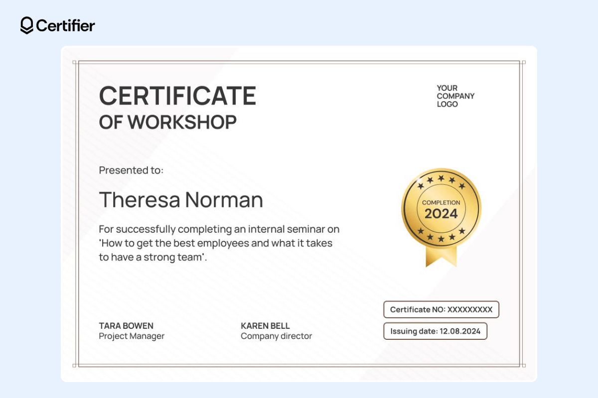 Certificate of workshop with golden badge and certificate elements like certificate ID and issuing date.