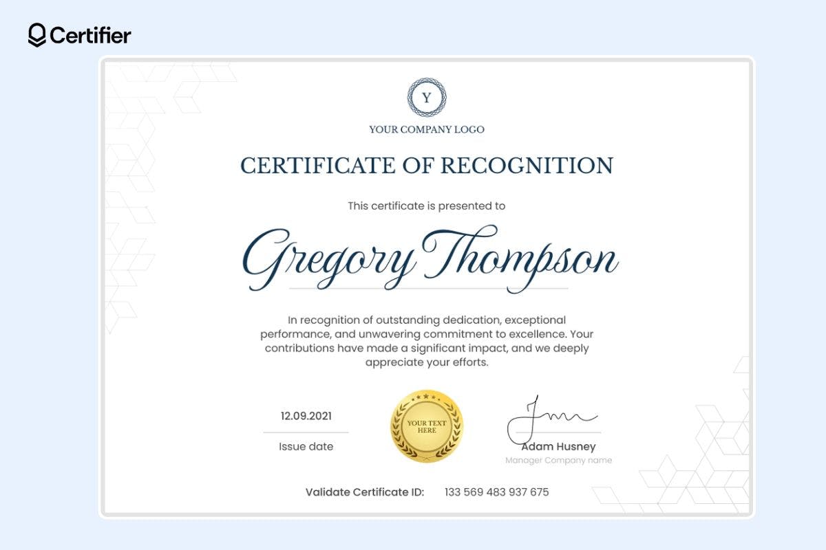 Certificate template for Word with clear layout and subtle patterned background with the golden badge at the center.