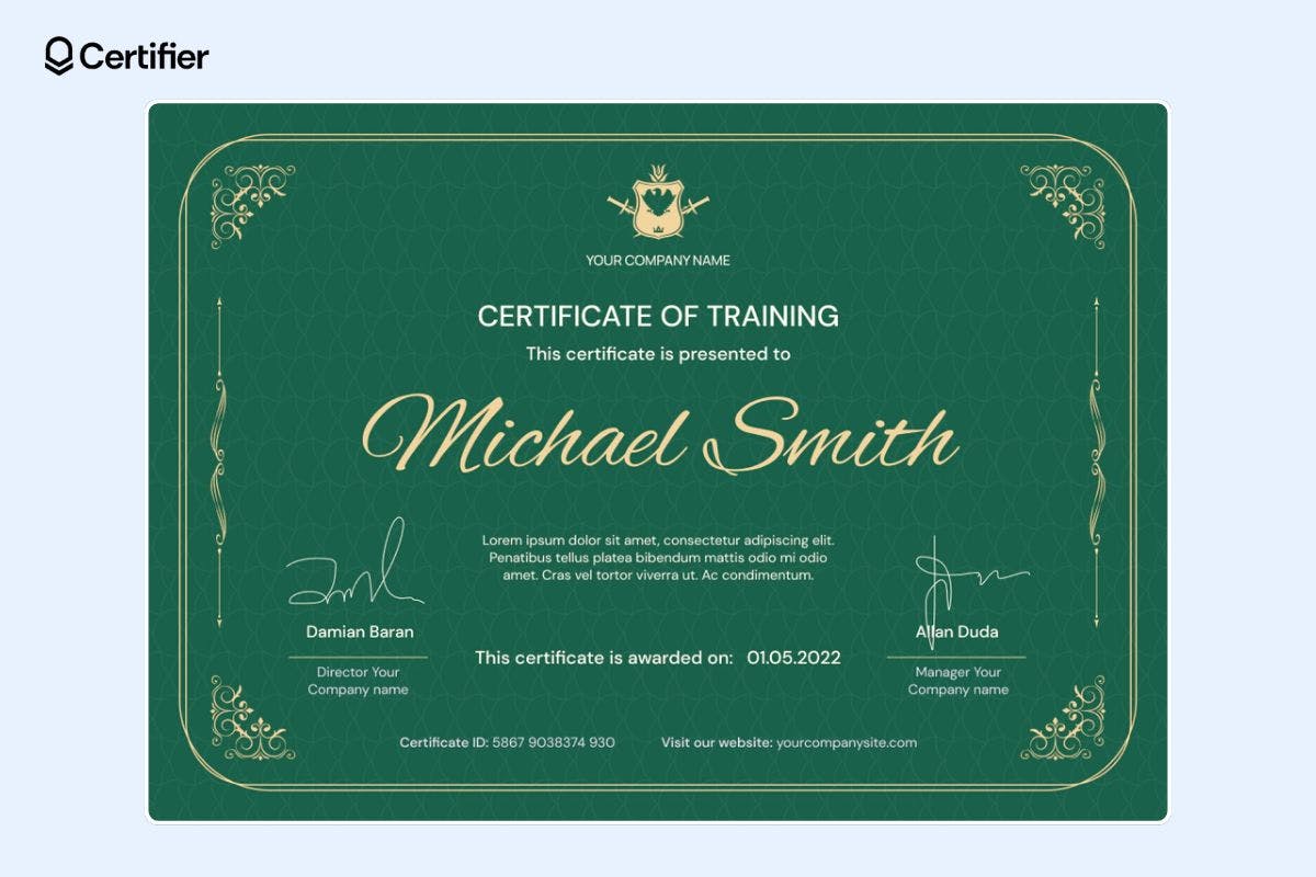 Certificate of training for Word with subtle ornamental borders, place for signatures and the recipient's name.