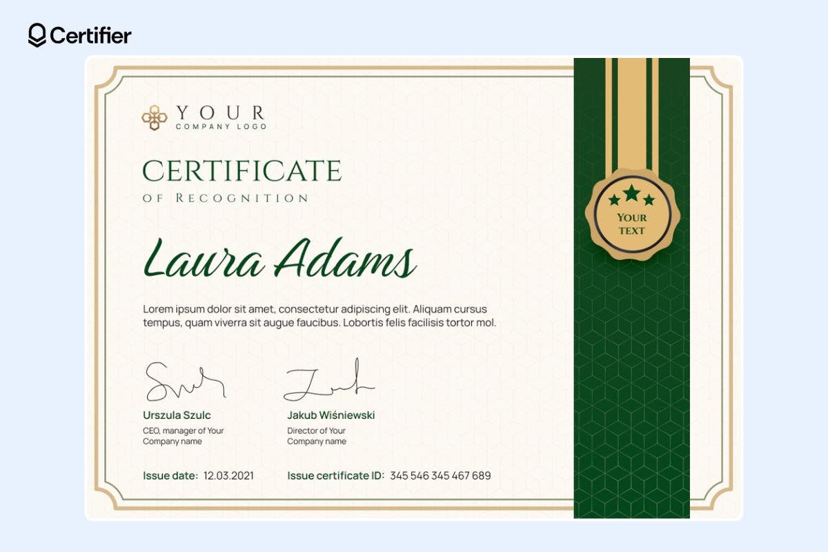 Free Word certificate template with green ribbon and golden badge on the right side and signatures and certificate details on the left.