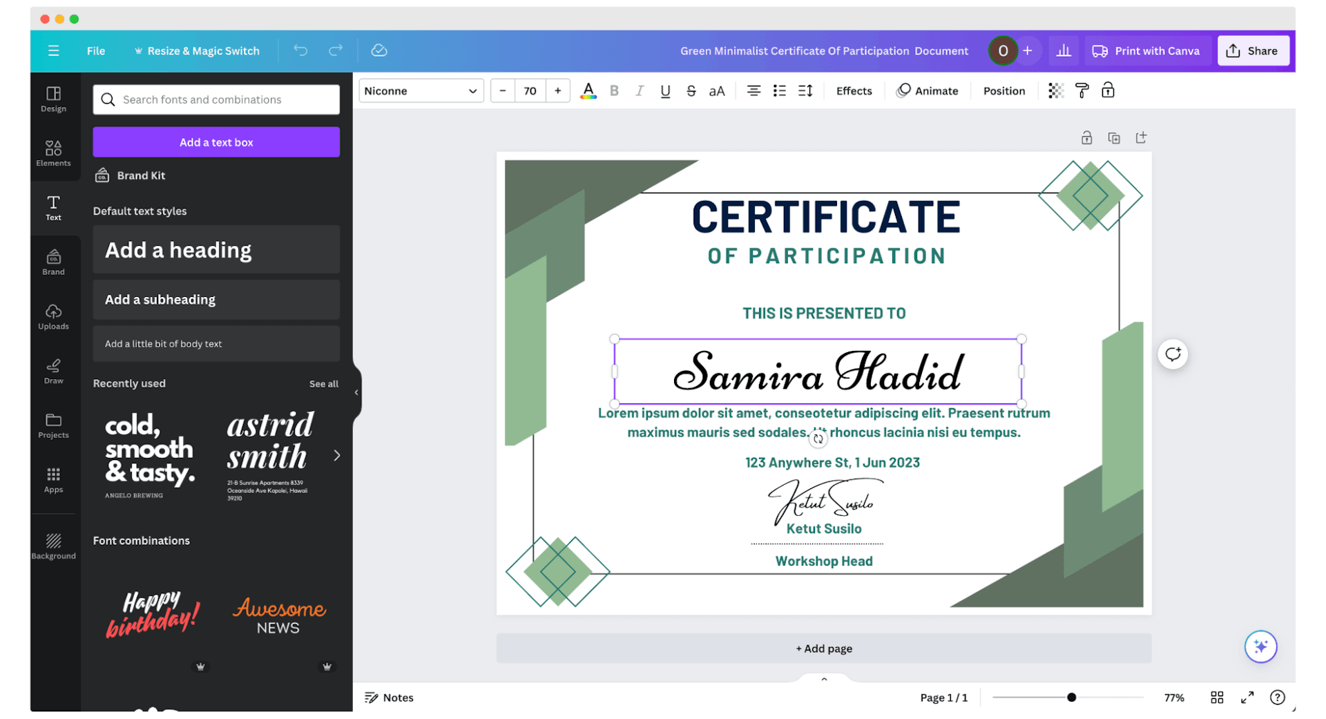 Preparing the certificate template within the Canva creator to send them out via email.
