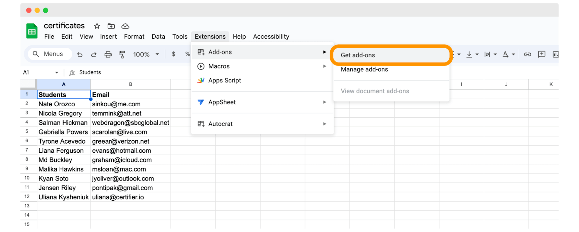 Extensions option within the Google Sheets dashboard to install AutoCrat.