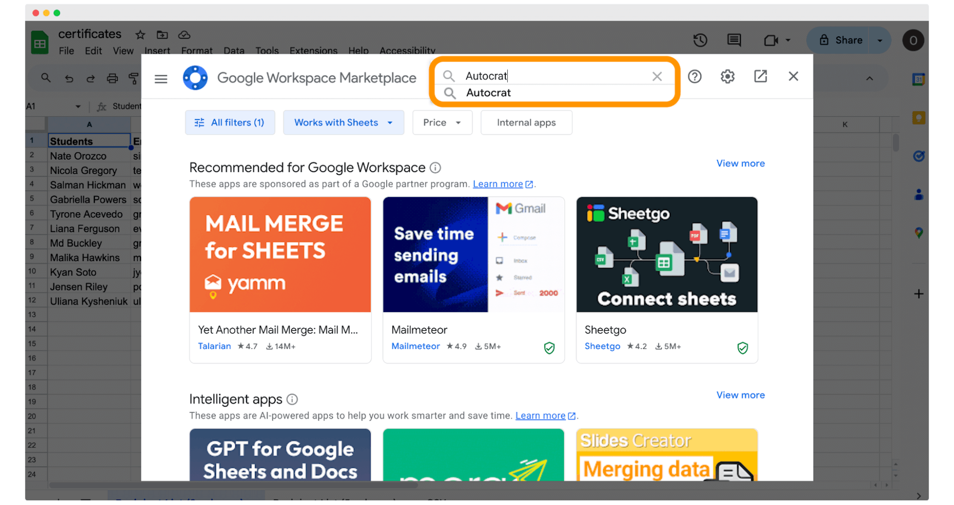 Google marketplace to install AutoCrat add-on for Google Sheets.