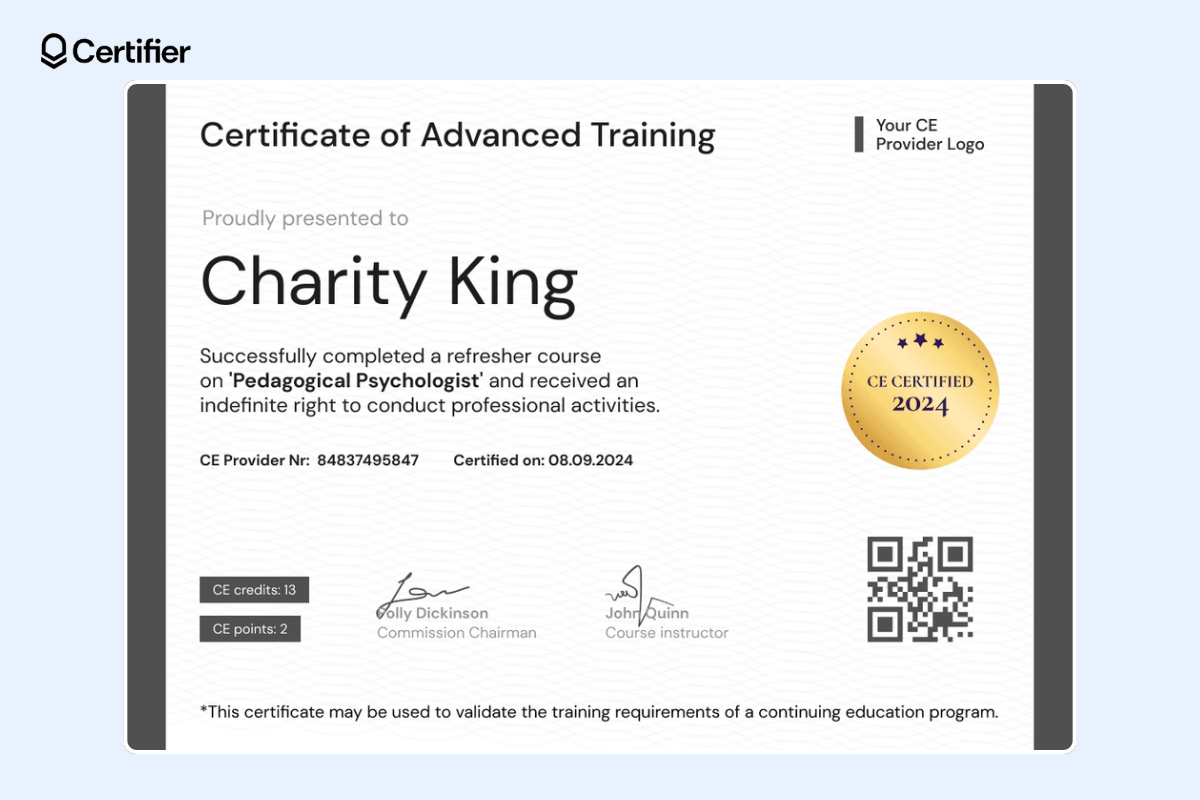 Example of effective certificate design with a QR code, golden badge and a dedicated space for credit points.