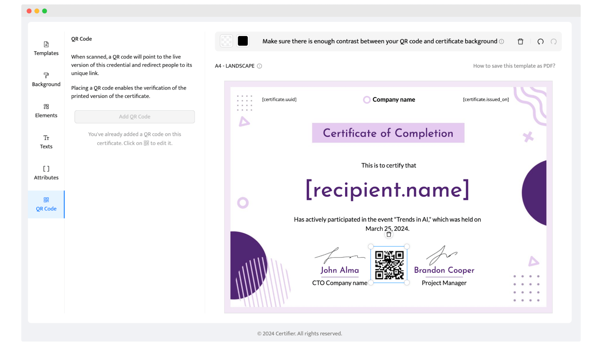Generating a QR code to the certificate design via the Certifier tool.
