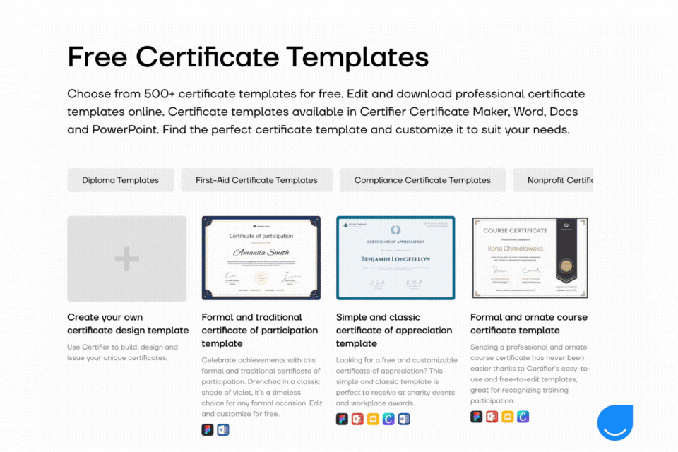 Library of free certificate design templates, available to download or customize.