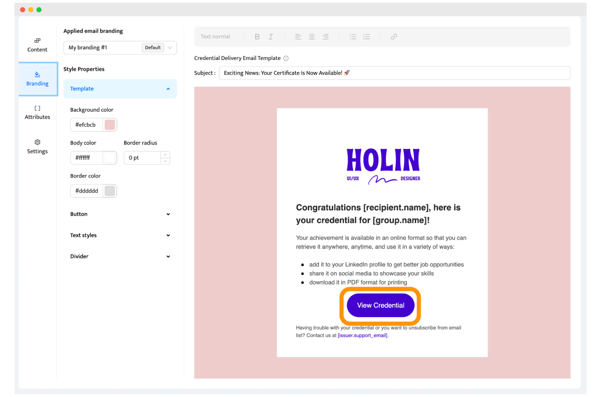 The example of the CTA button in the email for sending certificates.